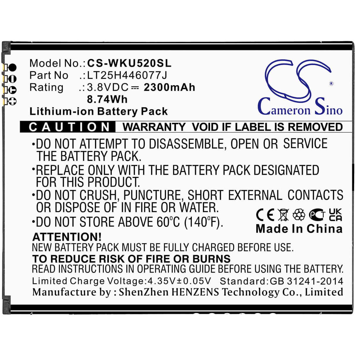 3.8V, Li-ion, 2300mAh, SmartPhone battery fits Wiko, Lt25h446077j, Ride 2, U520as, 8.74Wh Mobile, SmartPhone Cameron Sino Technology Limited (Smartphone)