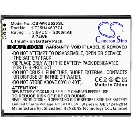 3.8V, Li-ion, 2300mAh, SmartPhone battery fits Wiko, Lt25h446077j, Ride 2, U520as, 8.74Wh Mobile, SmartPhone Cameron Sino Technology Limited (Smartphone)