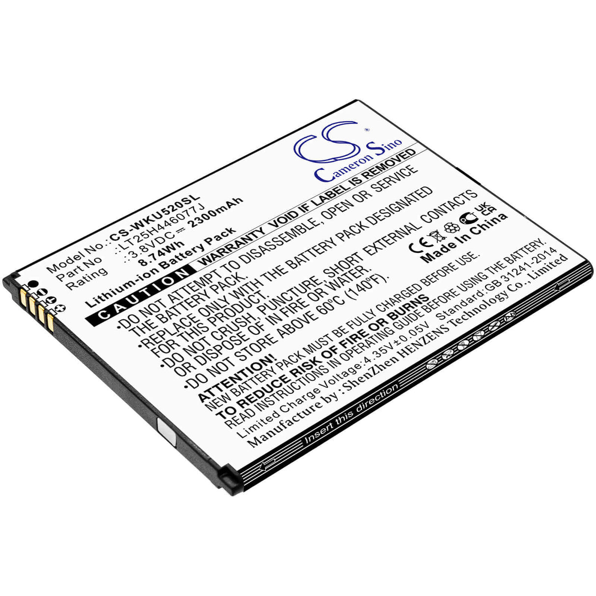 3.8V, Li-ion, 2300mAh, SmartPhone battery fits Wiko, Lt25h446077j, Ride 2, U520as, 8.74Wh Mobile, SmartPhone Cameron Sino Technology Limited (Smartphone)