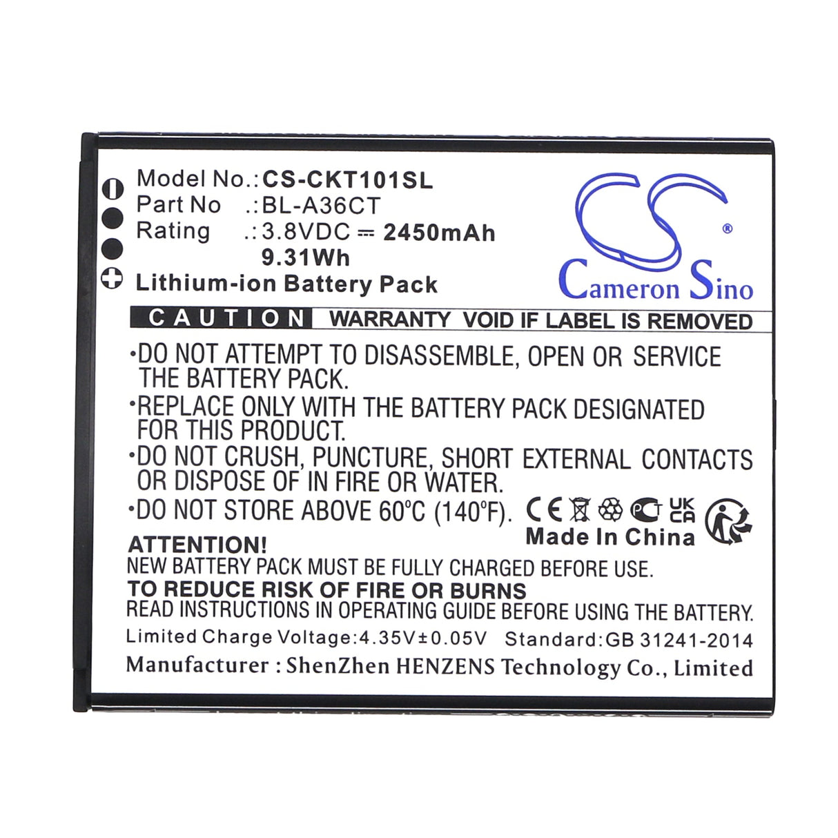 3.8V, Li-ion, 2450mAh, SmartPhone battery fits Cricket, Bl-a36ct, Debut Smart, Sl101ae, 9.31Wh Mobile, SmartPhone Cameron Sino Technology Limited (Smartphone)