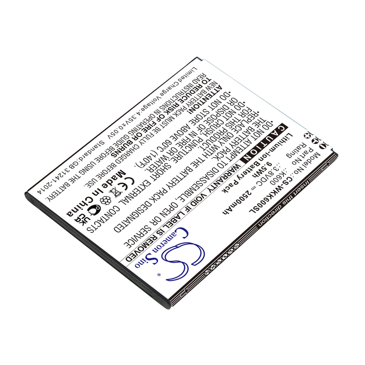 3.8V, Li-ion, 2500mAh, SmartPhone battery fits Wiko, K600, K600, Tommy 3, 9.5Wh Mobile, SmartPhone Cameron Sino Technology Limited (Smartphone)