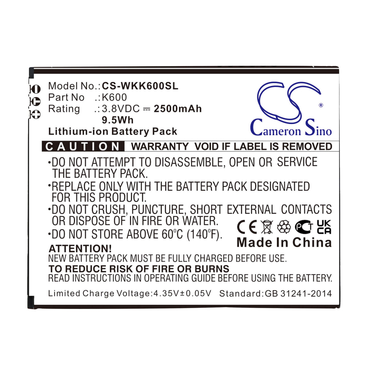 3.8V, Li-ion, 2500mAh, SmartPhone battery fits Wiko, K600, K600, Tommy 3, 9.5Wh Mobile, SmartPhone Cameron Sino Technology Limited (Smartphone)