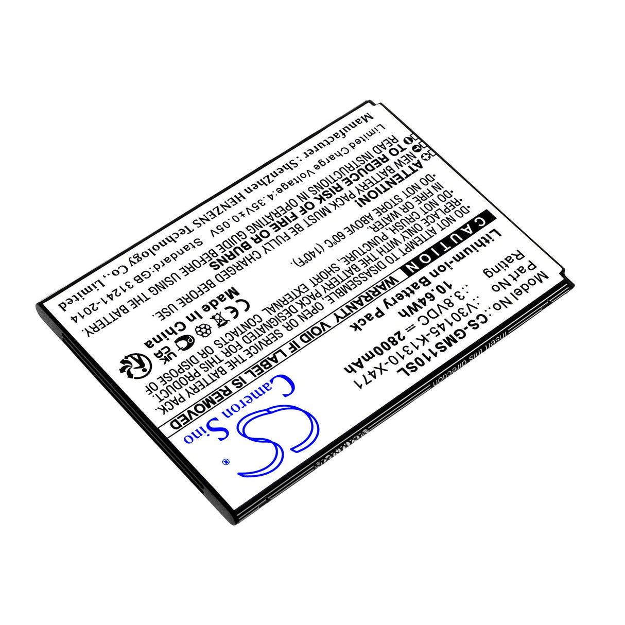 3.8V, Li-ion, 2800mAh, SmartPhone battery fits Gigaset, V30145-k1310-x471, Gs110, 10.64Wh Mobile, SmartPhone Cameron Sino Technology Limited