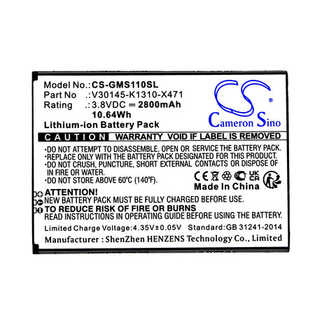 3.8V, Li-ion, 2800mAh, SmartPhone battery fits Gigaset, V30145-k1310-x471, Gs110, 10.64Wh Mobile, SmartPhone Cameron Sino Technology Limited