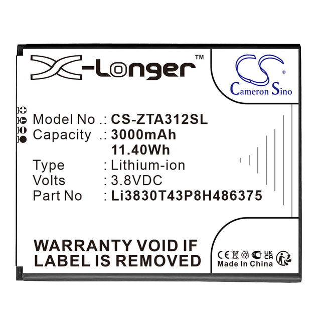 3.8V, Li-ion, 2500mAh, SmartPhone battery fits Zte, Li3830t43p8h486375, Blade A31 2021, 9.5Wh Mobile, SmartPhone Cameron Sino Technology Limited (Smartphone)