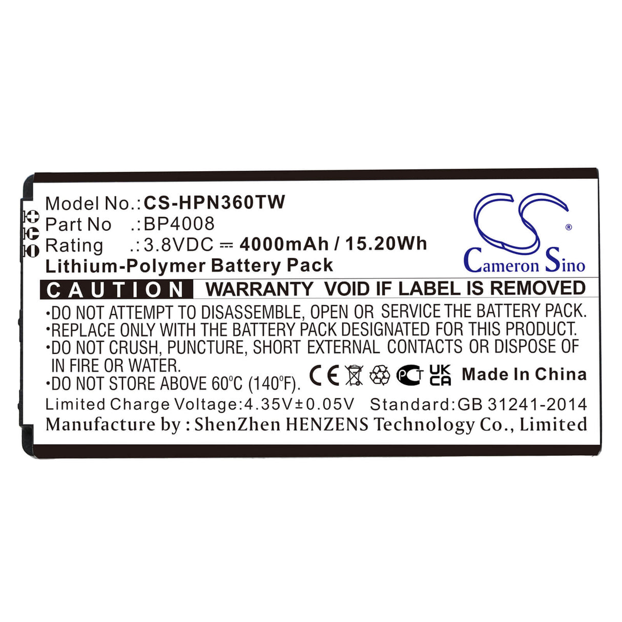 3.8V, Li-Polymer, 4000mAh, Two-Way Radio battery fits Hytera, Bp4008, Pnc360, Pnc360s, 15.2Wh Two-Way Radio Cameron Sino Technology Limited