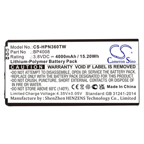 3.8V, Li-Polymer, 4000mAh, Two-Way Radio battery fits Hytera, Bp4008, Pnc360, Pnc360s, 15.2Wh Two-Way Radio Cameron Sino Technology Limited