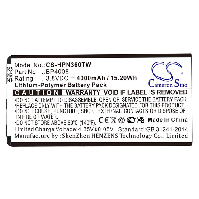 3.8V, Li-Polymer, 4000mAh, Two-Way Radio battery fits Hytera, Bp4008, Pnc360, Pnc360s, 15.2Wh Two-Way Radio Cameron Sino Technology Limited