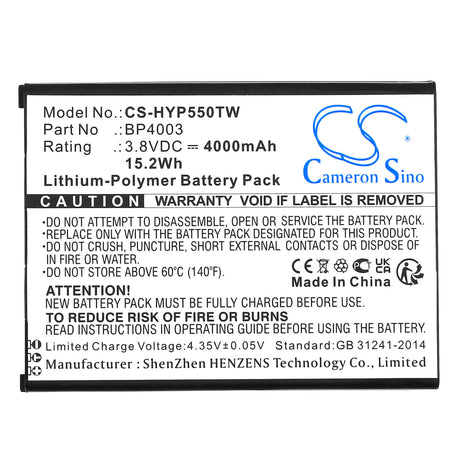 3.8V, Li-Polymer, 4000mAh, Two-Way Radio battery fits Hytera, Bp4003, Pcn550, 15.2Wh Two-Way Radio Cameron Sino Technology Limited