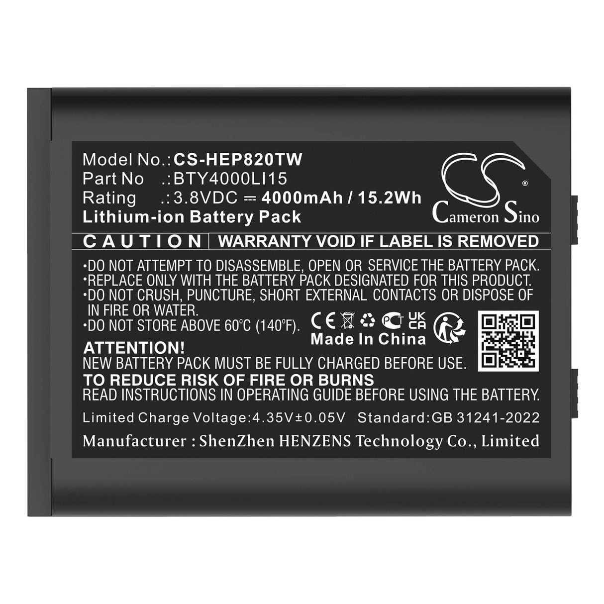 3.8V, Li-ion, 4000mAh, Two-Way Radio battery fits Td Tech, Bty4000li15, Ep820, 15.2Wh Two-Way Radio Cameron Sino Technology Limited