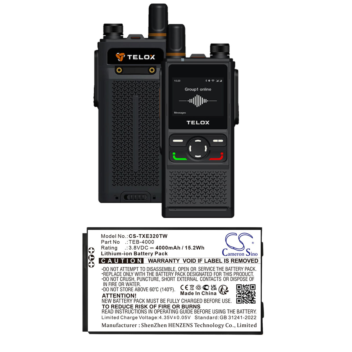 3.8V, Li-ion, 4000mAh, Two-Way Radio battery fits Telox, Teb-4000, Te320, 15.2Wh Two-Way Radio Cameron Sino Technology Limited