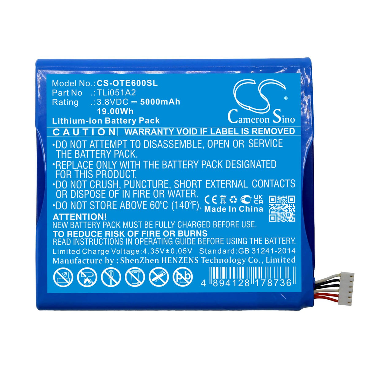 3.8V, Li-ion, 5000mAh, Hotspot battery fits Alcatel, Tli051a2, Ee60, Ee60 4g, 19.00Wh Hotspot Cameron Sino Technology Limited