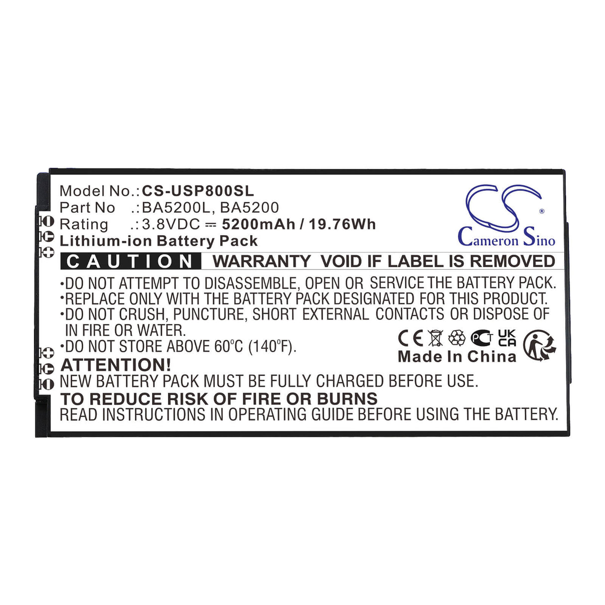3.8V, Li-ion, 5200mAh, Equipment battery fits Unistrong, Ba5200, P8II E, 19.76Wh Equipment, Survey, Test Cameron Sino Technology Limited