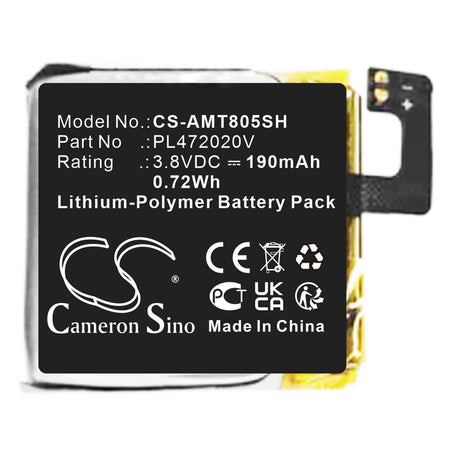 3.8V, Li-Polymer, 190mAh, Smartwatch battery fits Amazfit, Pl472020v, A1805, 0.72Wh Smartwatch Cameron Sino Technology Limited
