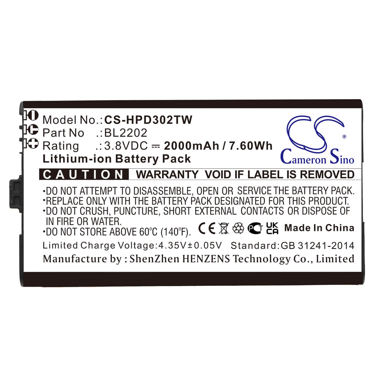 3.8V, Li-ion, 2000mAh, Two-Way Radio battery fits Hytera, Bl2202, Bd300, Bd302, 7.6Wh Two-Way Radio Cameron Sino Technology Limited