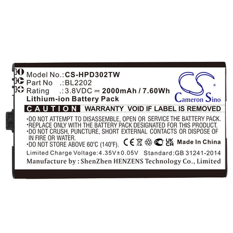 3.8V, Li-ion, 2000mAh, Two-Way Radio battery fits Hytera, Bl2202, Bd300, Bd302, 7.6Wh Two-Way Radio Cameron Sino Technology Limited
