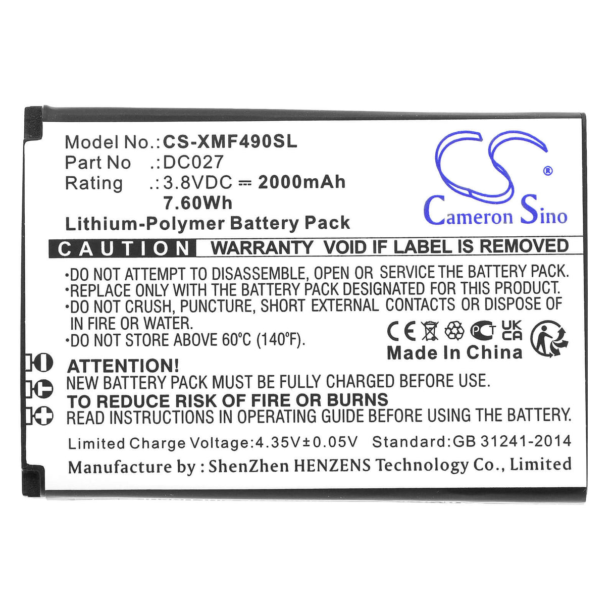 3.8V, Li-Polymer, 2000mAh, Hotspot battery fits Xiaomi, Dc027, F490 4g, 7.60Wh Hotspot Cameron Sino Technology Limited