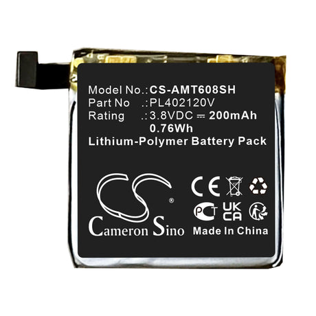 3.8V, Li-Polymer, 200mAh, Smartwatch battery fits Amazfit, Pl402120v, A1608, Bip, 0.76Wh Smartwatch Cameron Sino Technology Limited