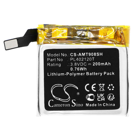 3.8V, Li-Polymer, 200mAh, Smartwatch battery fits Amazfit, Pl402120t, A1908, Ares, 0.76Wh Smartwatch Cameron Sino Technology Limited