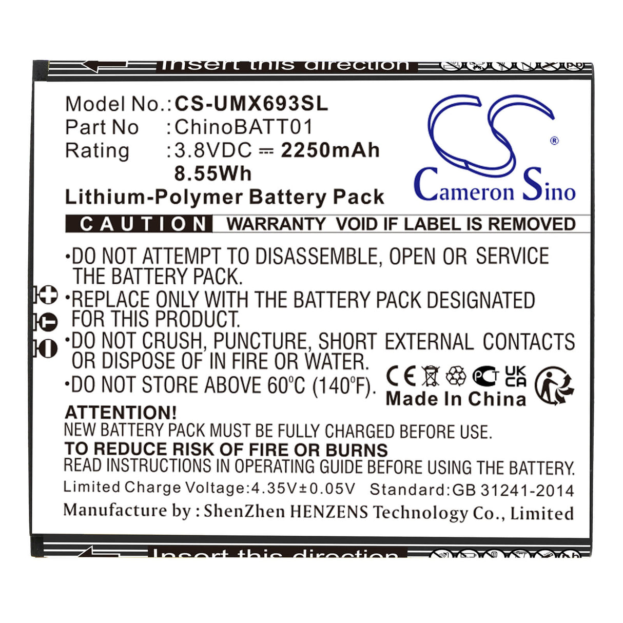 3.8V, Li-Polymer, 2250mAh, SmartPhone battery fits Umx, Chinobatt01, U683cl, U693cl, 8.55Wh Mobile, SmartPhone Cameron Sino Technology Limited (Smartphone)