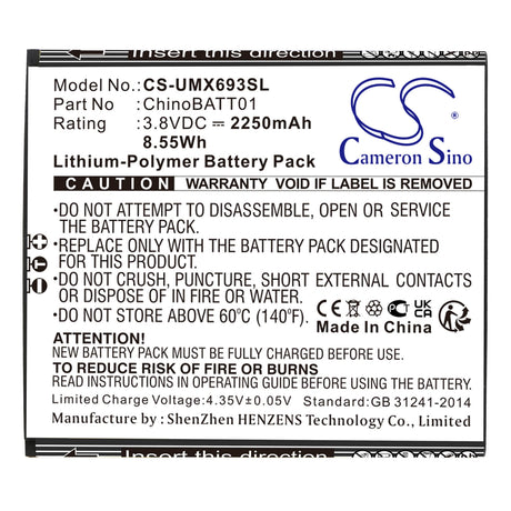 3.8V, Li-Polymer, 2250mAh, SmartPhone battery fits Umx, Chinobatt01, U683cl, U693cl, 8.55Wh Mobile, SmartPhone Cameron Sino Technology Limited (Smartphone)