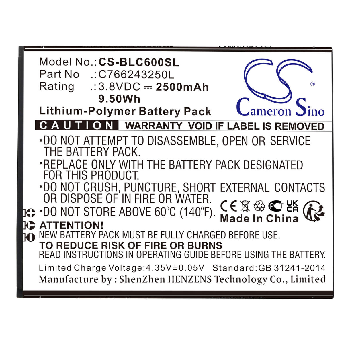 3.8V, Li-Polymer, 2500mAh, SmartPhone battery fits Blu, C766243250l, C0090p, C6, 9.5Wh Mobile, SmartPhone Cameron Sino Technology Limited (Smartphone)