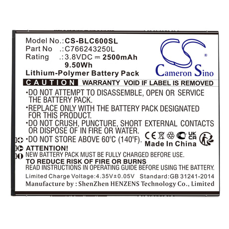 3.8V, Li-Polymer, 2500mAh, SmartPhone battery fits Blu, C766243250l, C0090p, C6, 9.5Wh Mobile, SmartPhone Cameron Sino Technology Limited (Smartphone)
