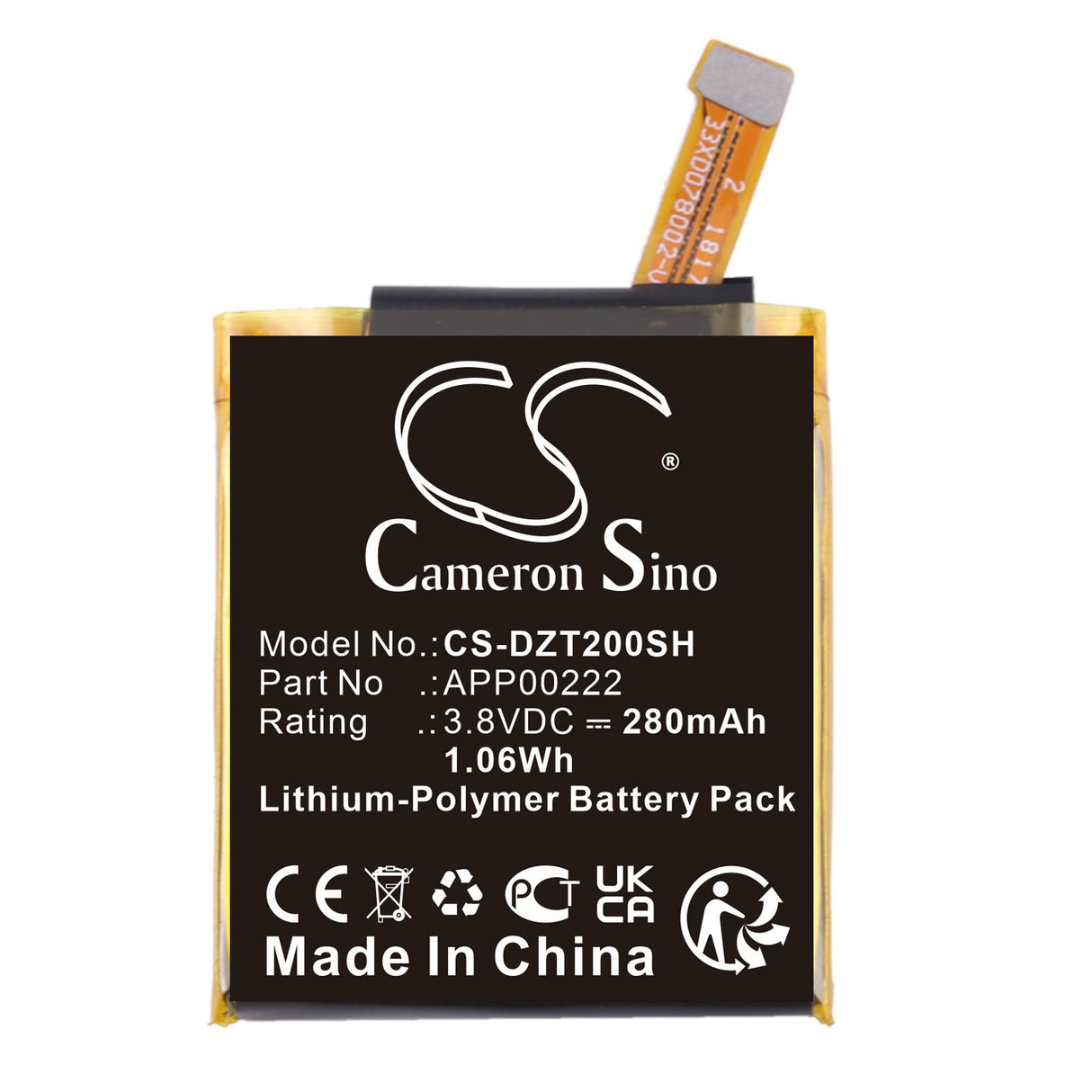 3.8V, Li-Polymer, 280mAh, Smartwatch battery fits Diesel, Dzt2002, On Dzt2002, 1.06Wh Smartwatch Cameron Sino Technology Limited