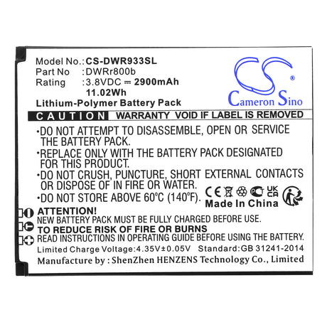 3.8V, Li-Polymer, 2900mAh, Hotspot battery fits D-link, 6bt-r800b-2901, Dwr-933 B1, 11.02Wh Hotspot Cameron Sino Technology Limited