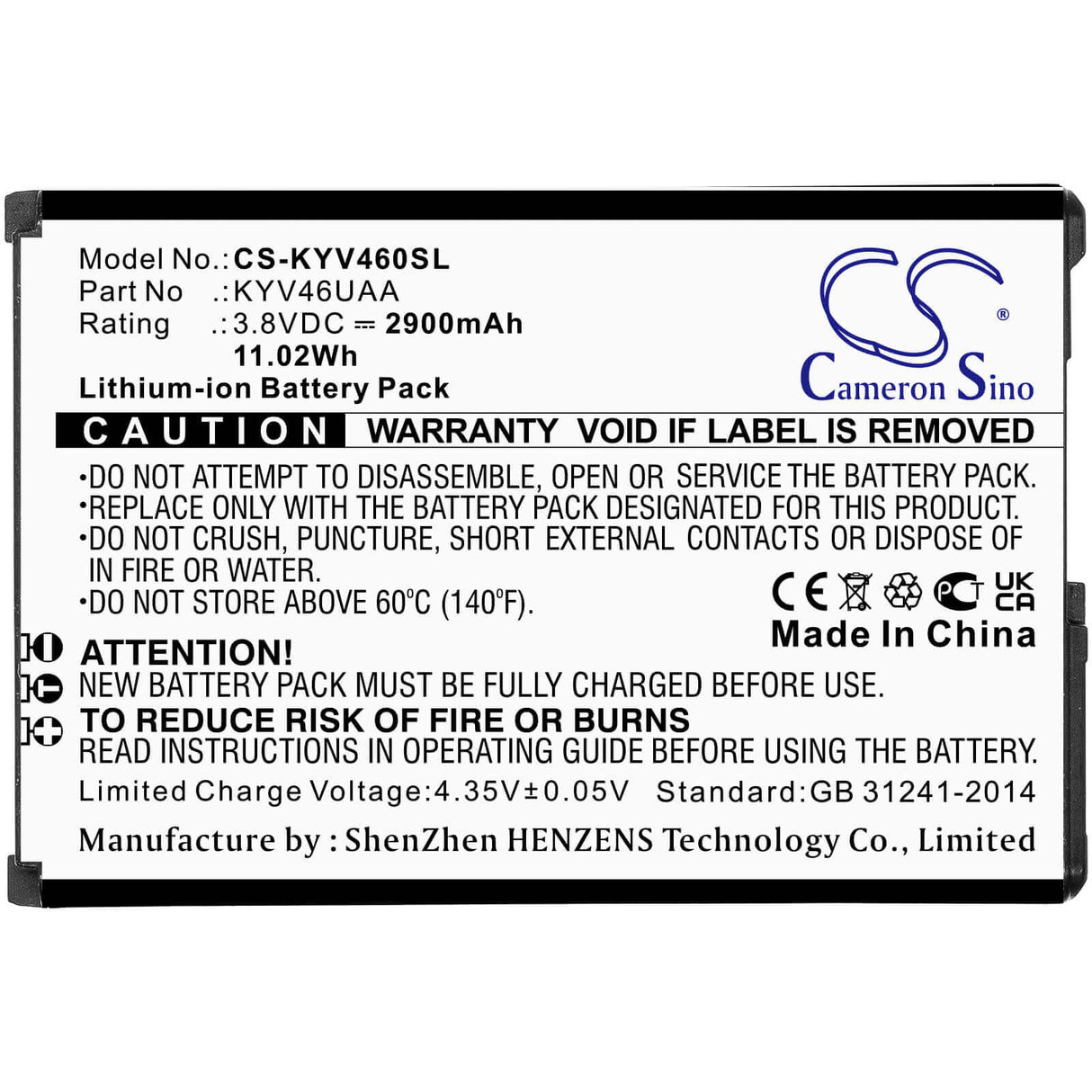 3.8V, Li-ion, 2900mAh, SmartPhone battery fits Kyocera, Kyv46uaa, Kyv46, Torque G04, 11.02Wh Mobile, SmartPhone Cameron Sino Technology Limited (Smartphone)