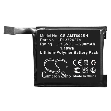 3.8V, Li-Polymer, 290mAh, Smartwatch battery fits Amazfit, Pl372427u, A1602, A1612, 1.10Wh Smartwatch Cameron Sino Technology Limited