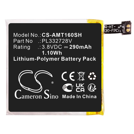 3.8V, Li-Polymer, 290mAh, Smartwatch battery fits Amazfit, Pl332728v, A1609, A1619, 1.10Wh Smartwatch Cameron Sino Technology Limited