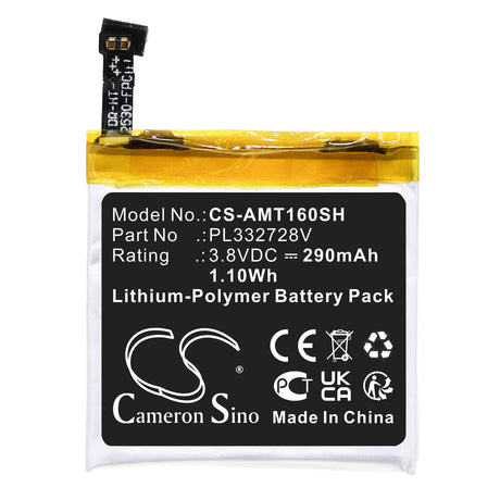 3.8V, Li-Polymer, 290mAh, Smartwatch battery fits Amazfit, Pl332728v, A1609, A1619, 1.10Wh Smartwatch Cameron Sino Technology Limited