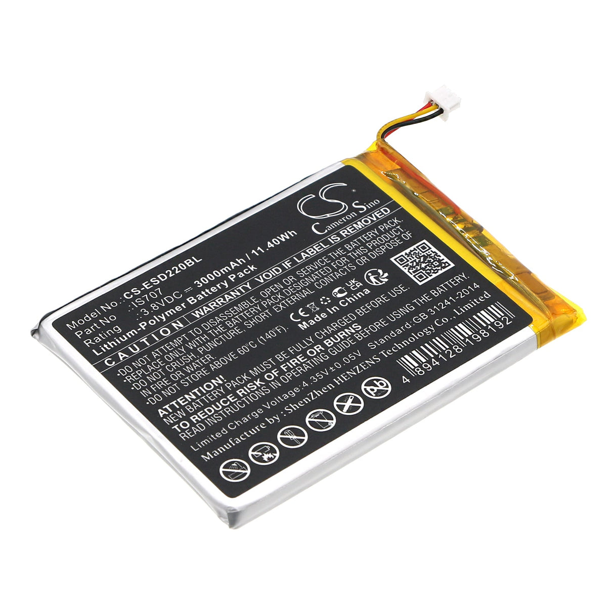 3.8V, Li-Polymer, 3000mAh, Payment Terminal battery fits Eservice, 1icp5/55/75, Smart D220, 11.4Wh Payment Terminal Cameron Sino Technology Limited