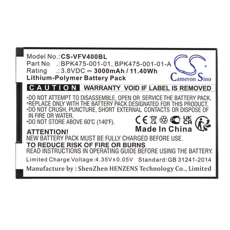 3.8V, Li-Polymer, 3000mAh, Payment Terminal battery fits Verifone, Bpk475-001-01, M435-003-04-naa-s, V400m, 11.40Wh Payment Terminal Cameron Sino Technology Limited