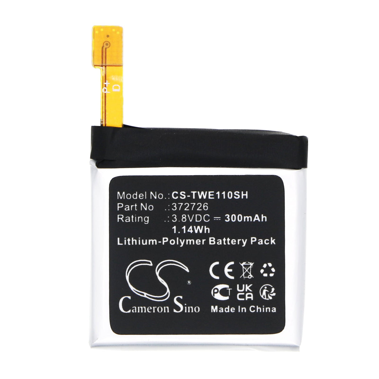 3.8V, Li-Polymer, 300mAh, Smartwatch battery fits Ticwatch, 1 46mm, We11098, 1.14Wh Smartwatch Cameron Sino Technology Limited