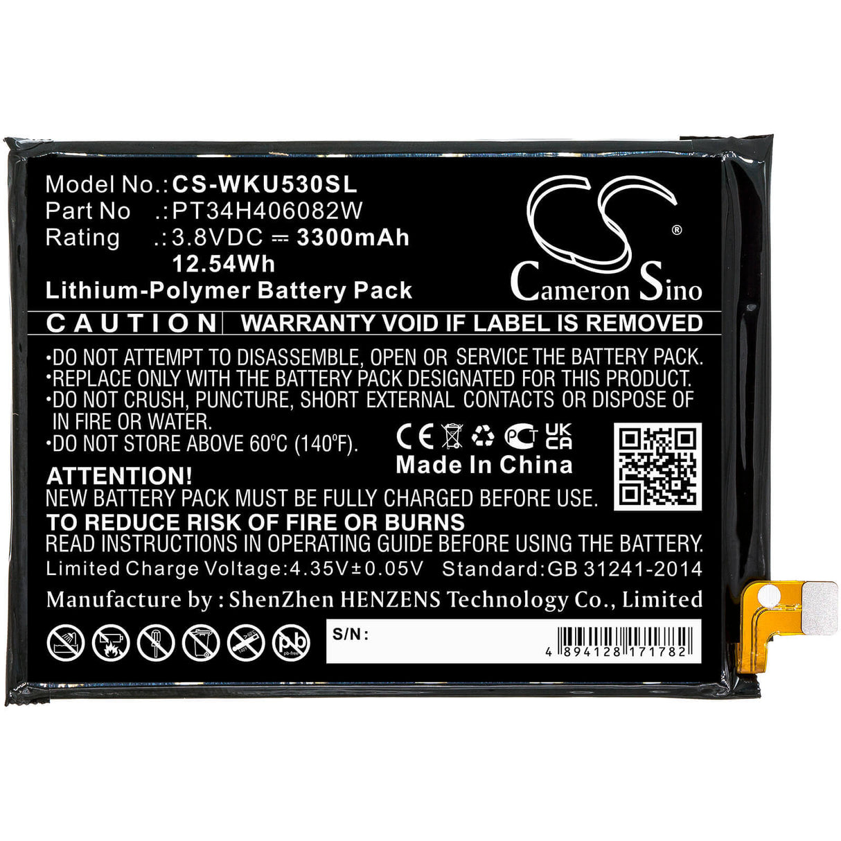 3.8V, Li-Polymer, 3300mAh, SmartPhone battery fits Wiko, Pt34h406082w, Ride 3, 12.54Wh Mobile, SmartPhone Cameron Sino Technology Limited (Smartphone)