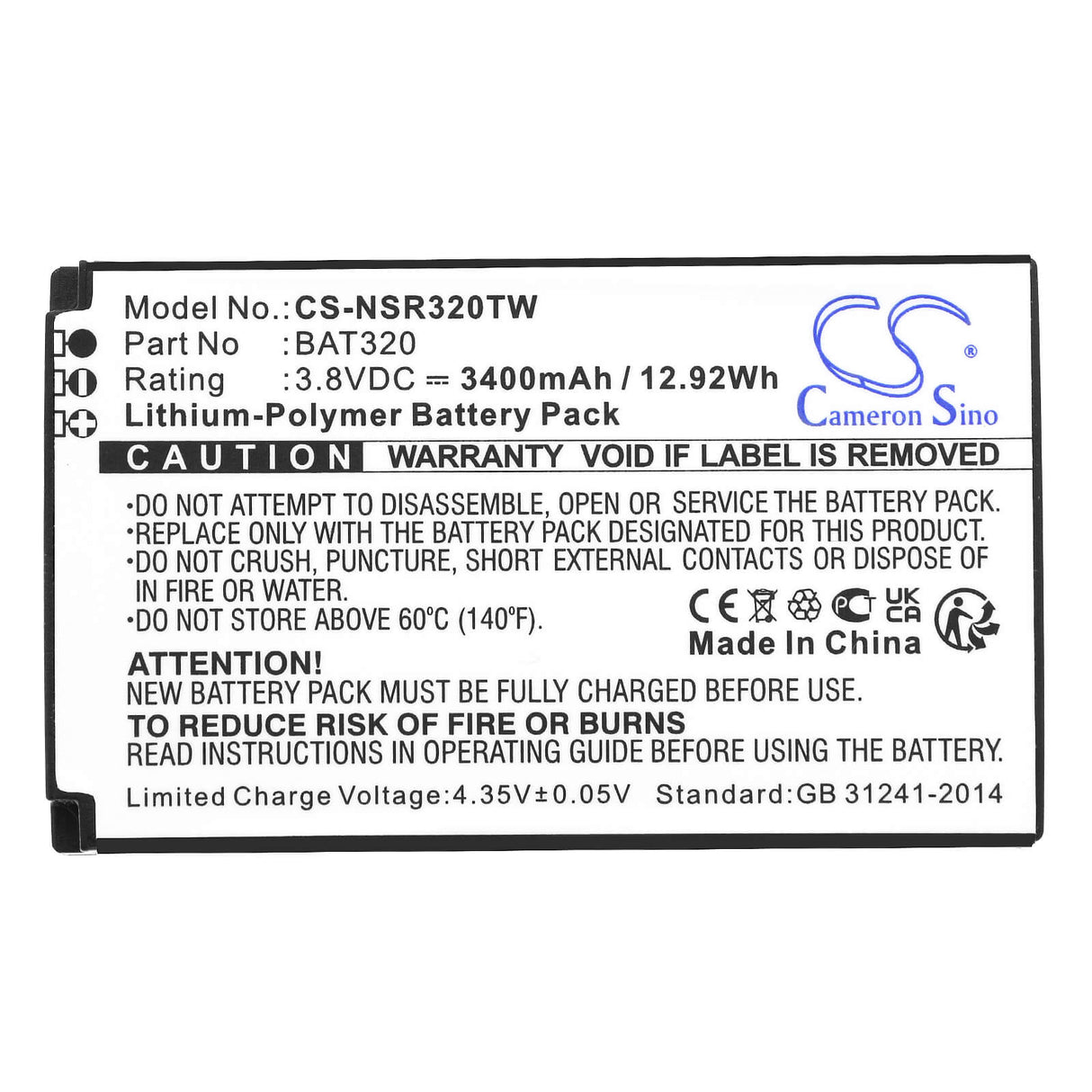 3.8V, Li-Polymer, 3400mAh, Two-Way Radio battery fits Inrico, B-87c, T-298s, T320, 12.92Wh Two-Way Radio Cameron Sino Technology Limited