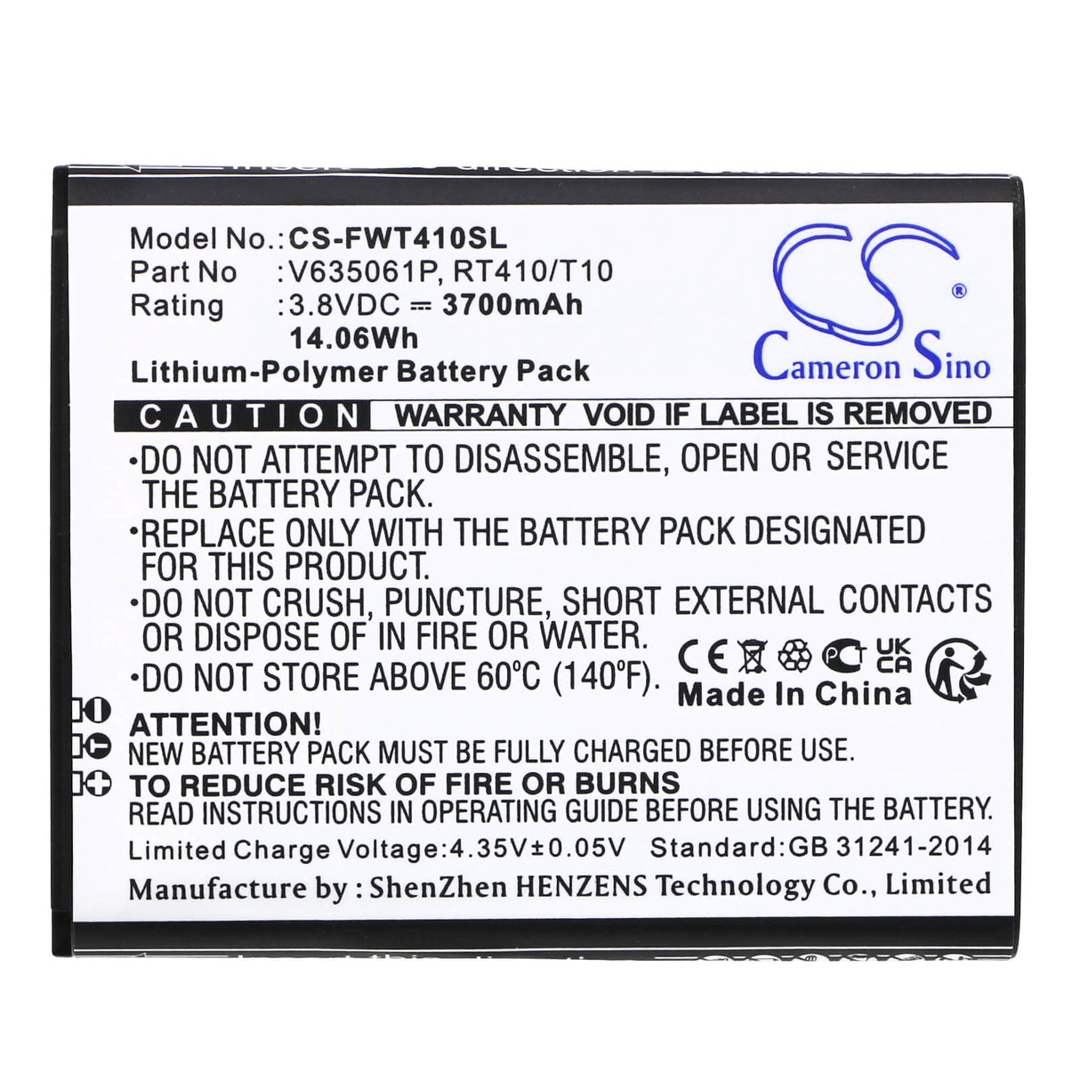 3.8V, Li-Polymer, 3700mAh, Hotspot battery fits Franklin Wireless, Rt410/t10, Rt410, T10, 14.06Wh Hotspot Cameron Sino Technology Limited
