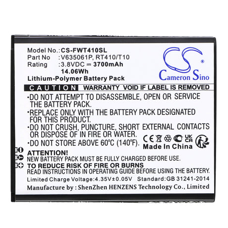 3.8V, Li-Polymer, 3700mAh, Hotspot battery fits Franklin Wireless, Rt410/t10, Rt410, T10, 14.06Wh Hotspot Cameron Sino Technology Limited