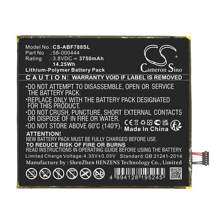 3.8V, Li-Polymer, 3750mAh, Tablet battery fits Amazon, 26s1028, P8at8z, Kindle Fire 7 2th, 14.25Wh Tablet Cameron Sino Technology Limited