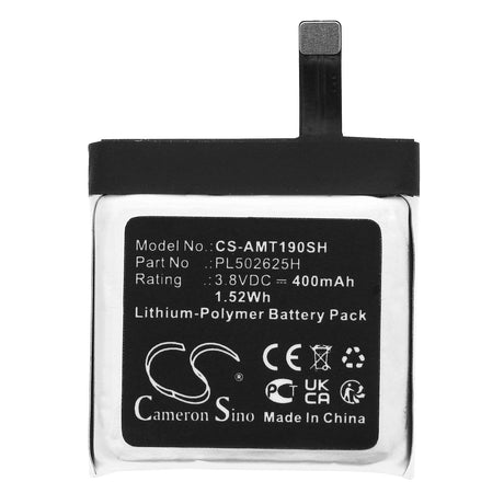 3.8V, Li-Polymer, 400mAh, Smartwatch battery fits Amazfit, Pl502625h, A19029, Gtr 47mm, 1.52Wh Smartwatch Cameron Sino Technology Limited