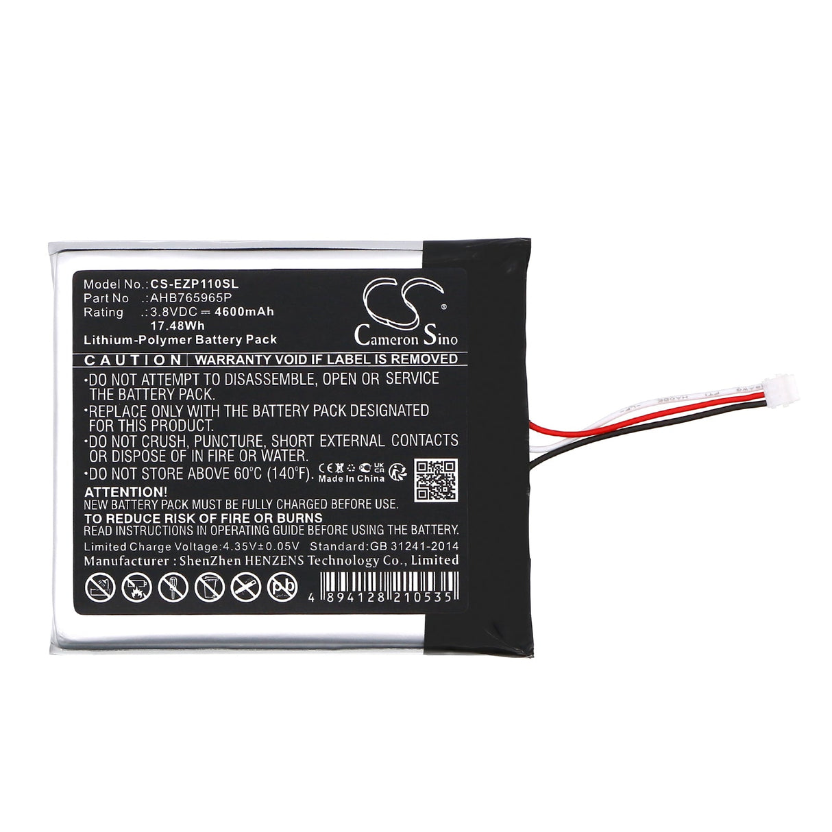 3.8V, Li-Polymer, 4600mAh, Home Security Camera battery fits Ezviz, Cs-dp1c, Cs-dp1c-4a1wpfbsr, 17.48Wh Home Security Camera Cameron Sino Technology Limited