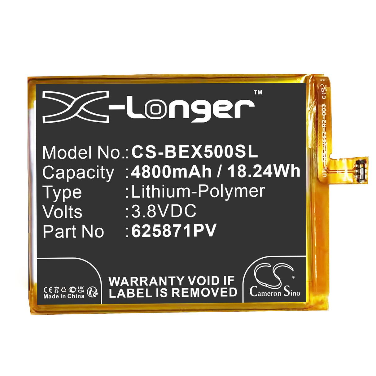 3.8V, Li-Polymer, 4800mAh, SmartPhone battery fits Bea-fon, 625871pv, X5, X5 Premium, 18.24Wh Mobile, SmartPhone Cameron Sino Technology Limited (Smartphone)