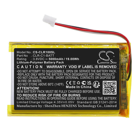 3.8V, Li-Polymer, 5000mAh, Smart Home battery fits Clareone, Clr-c1-batt, Clr-c1-pnl1, Smart Home Panel, 19Wh Smart Home Cameron Sino Technology Limited
