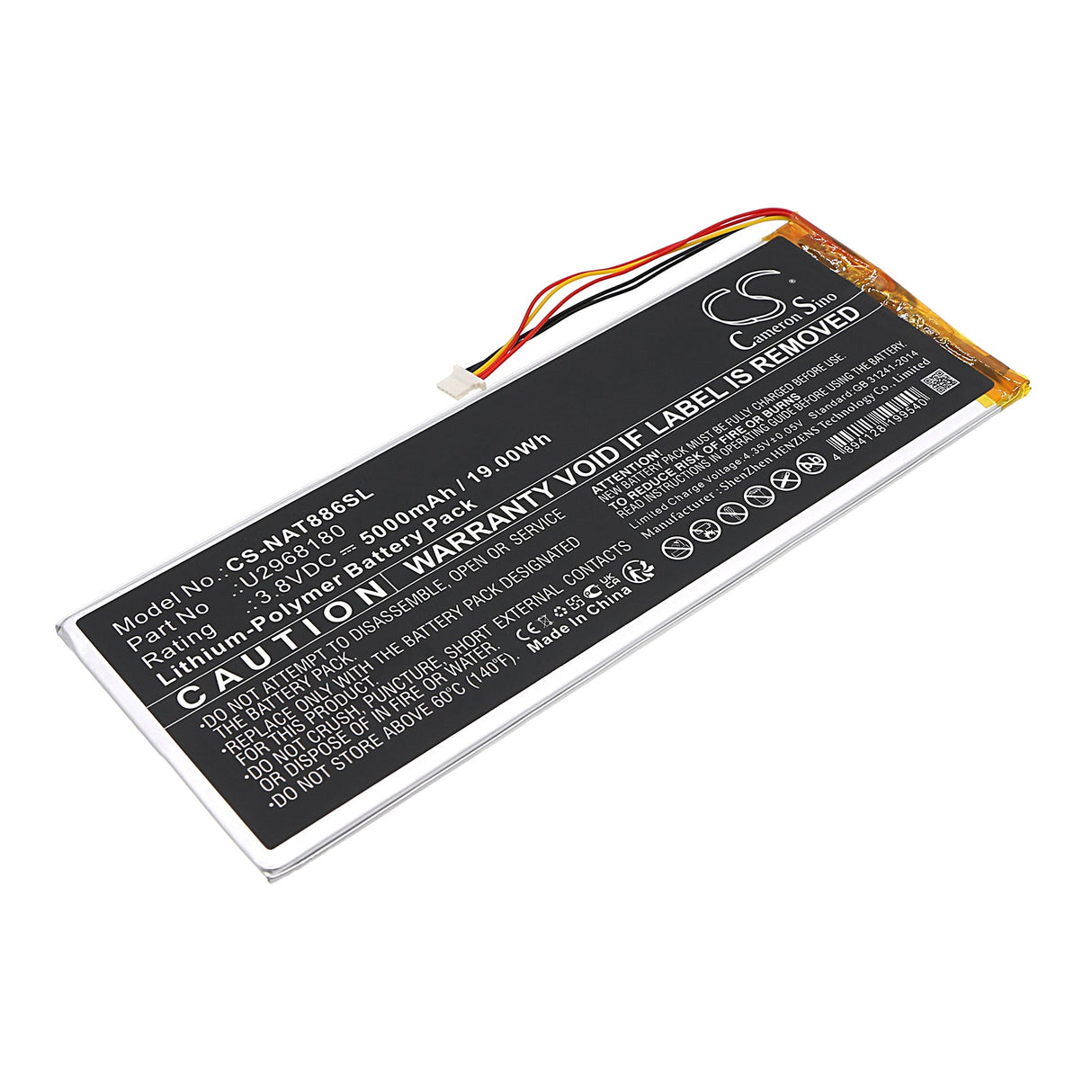 3.8V, Li-Polymer, 5000mAh, Tablet Battery fits Onn, 100011886, Nsurf Tablet 10" Gen 2, 19.00Wh Tablet Cameron Sino Technology Limited