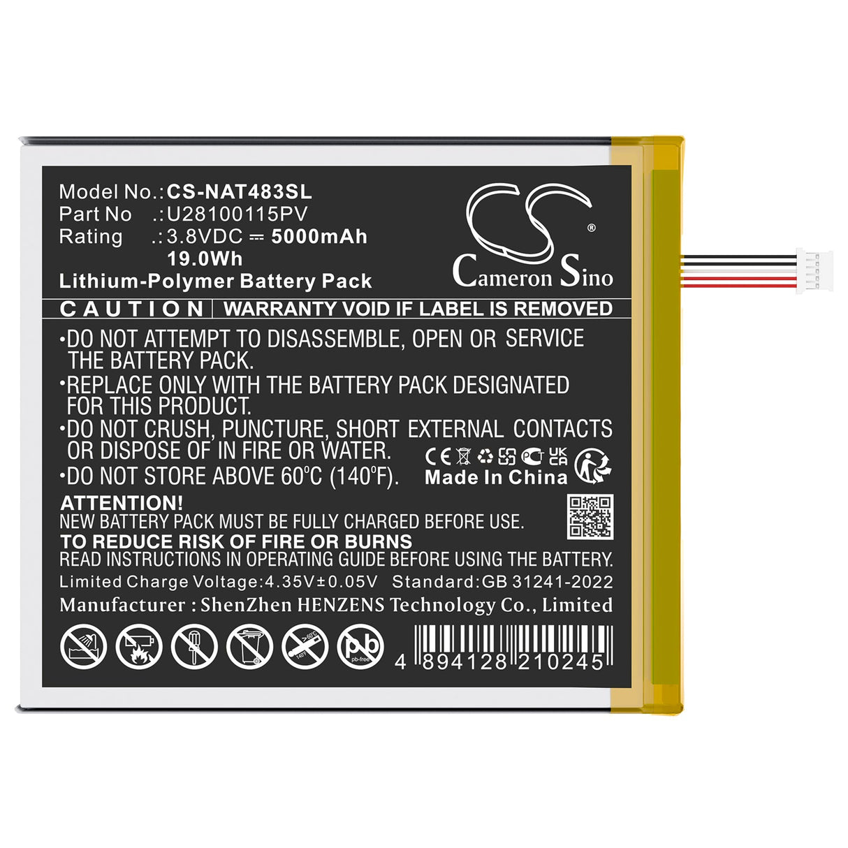3.8V, Li-Polymer, 5000mAh, Tablet battery fits Onn, 100071483, Surf 8" 3rd, 19.0Wh Tablet Cameron Sino Technology Limited