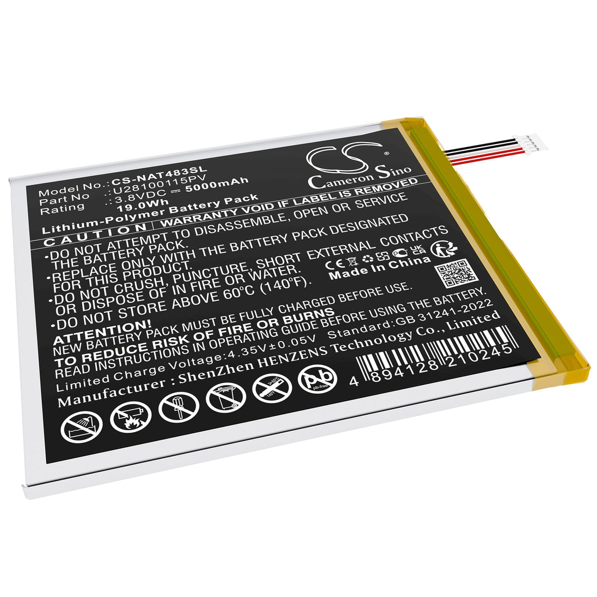 3.8V, Li-Polymer, 5000mAh, Tablet battery fits Onn, 100071483, Surf 8" 3rd, 19.0Wh Tablet Cameron Sino Technology Limited