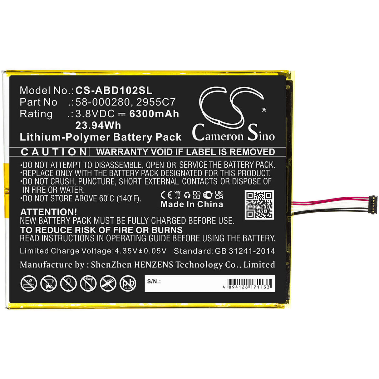 3.8V, Li-Polymer, 6300mAh, Tablet battery fits Amazon, 2955c7, Kindle Fire Hd 10.1 9th, M2v3r5, 23.94Wh Tablet Cameron Sino Technology Limited