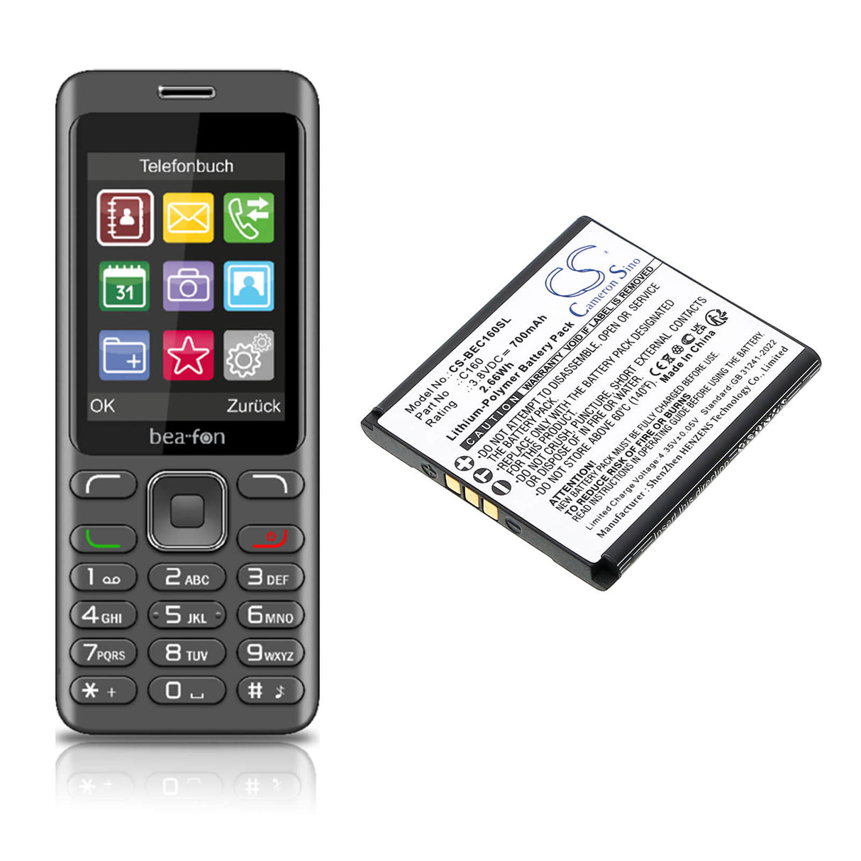 3,8V, Li-Polymère, 700mAh, Batterie pour mobile, smartphone adaptée à Bea-fon, C160, C160, C160 Schwarz, 2,66Wh Mobile, Smartphone Cameron Sino Technology Limited (Smartphone)